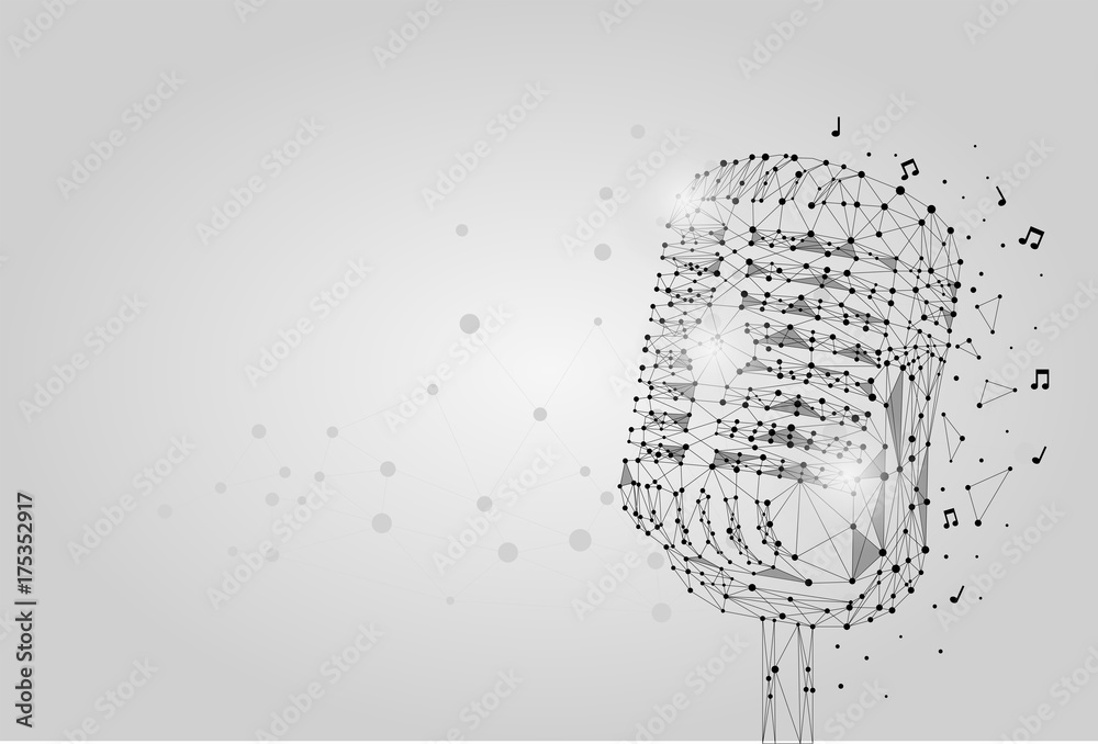 Abstract mash line and point image of a microphone. Vintage microphone vector wireframe concept