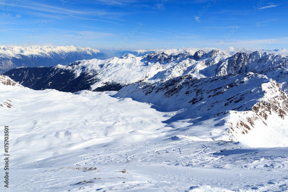 Mountain panorama with snow and ski tracks in winter in Stubai Alps, Austria