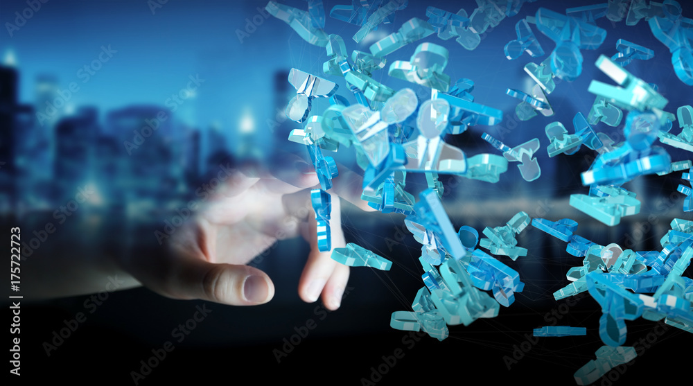 Businessman holding 3D rendering group of blue people