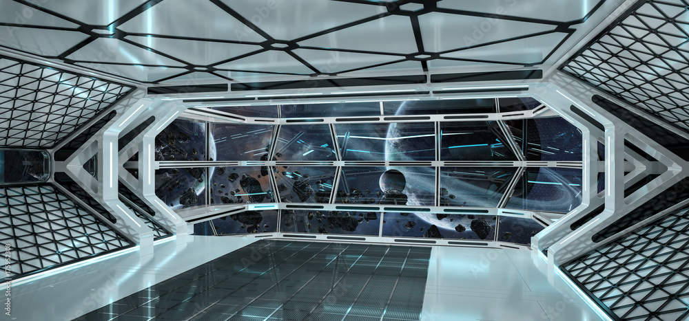 Spaceship interior with view on planets 3D rendering elements of this image furnished by NASA