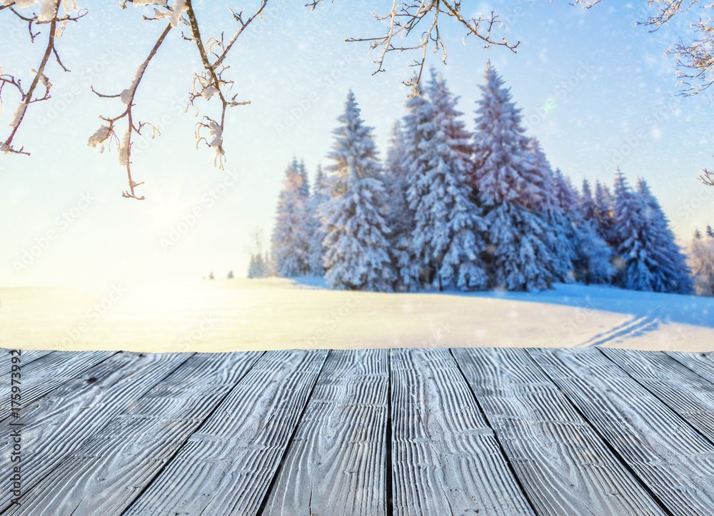 用空的旧木板拍摄的美丽的雪景全景