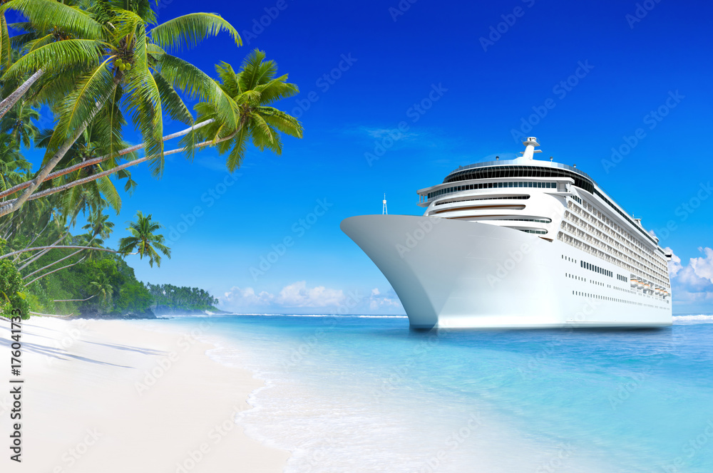 3D cruise ship at a tropical beach paradise in Samoa