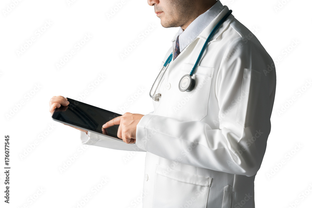 Doctor using tablet, isolated on white background.