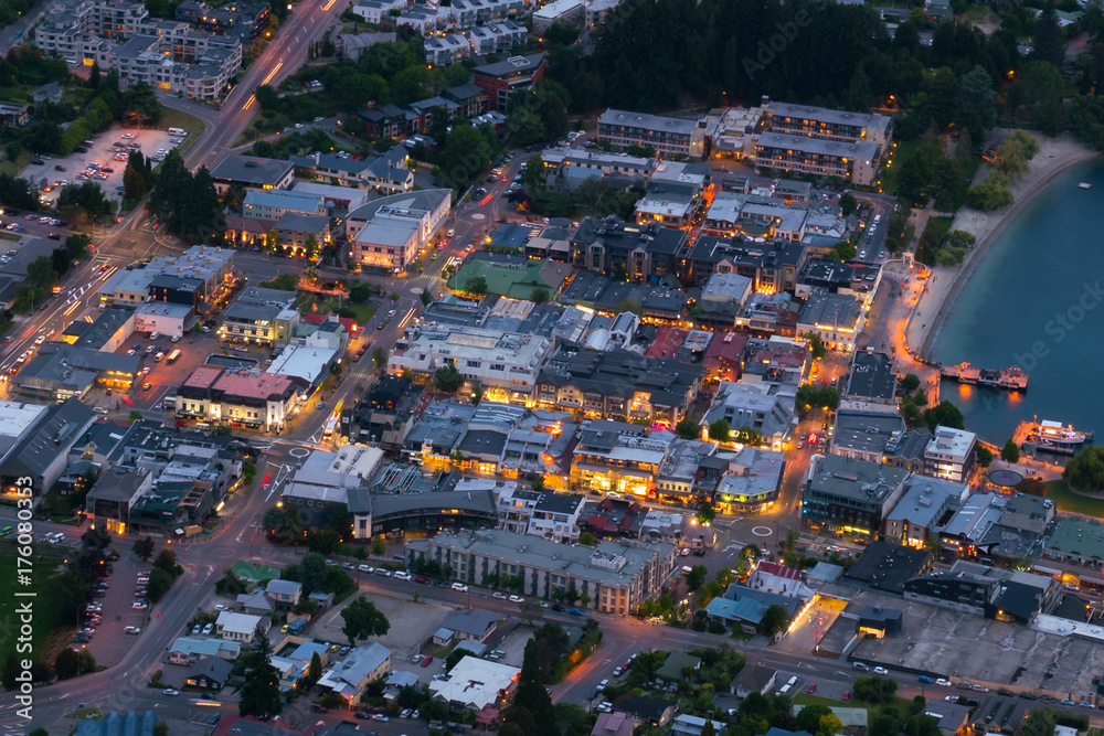 Houses in City center of Queenstown in Aerial View