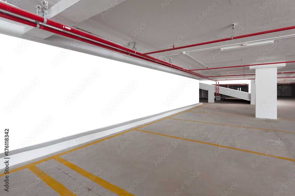 blank billboard with Empty parking garage underground interior in apartment or business building off