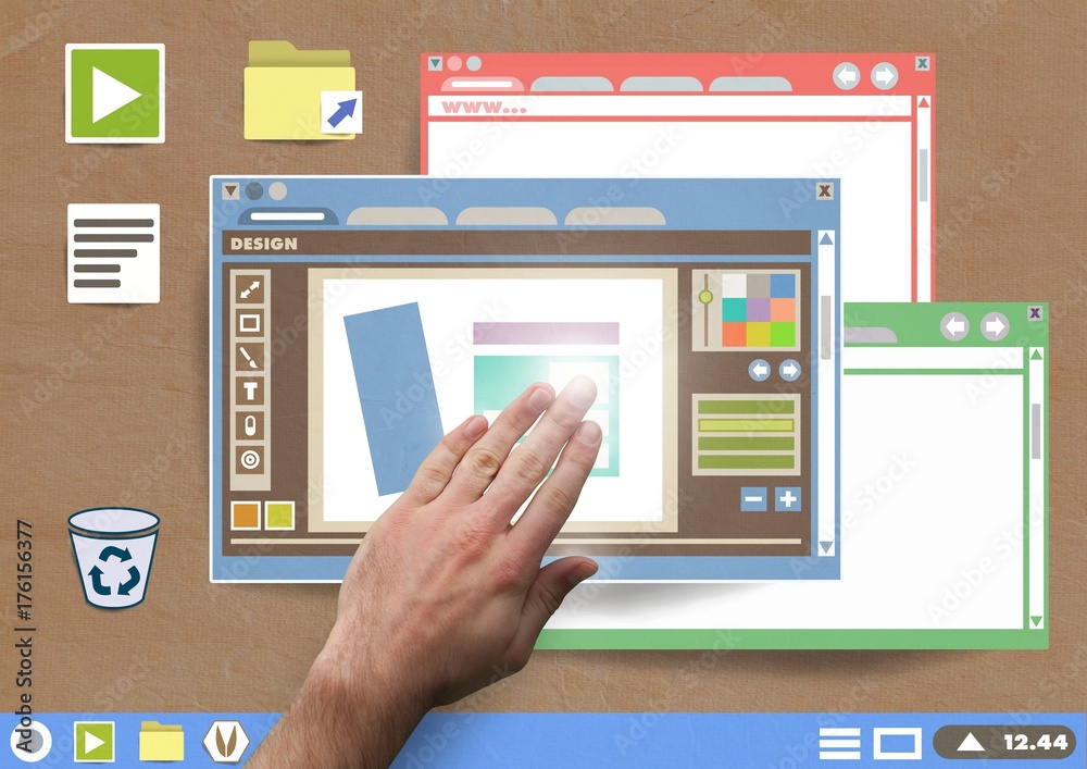 手触摸许多网站窗口和纸上设计编辑器