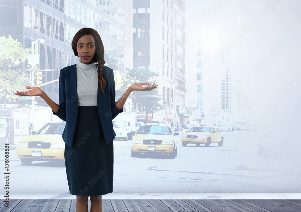 Businesswoman with arms open confused and questioning in city