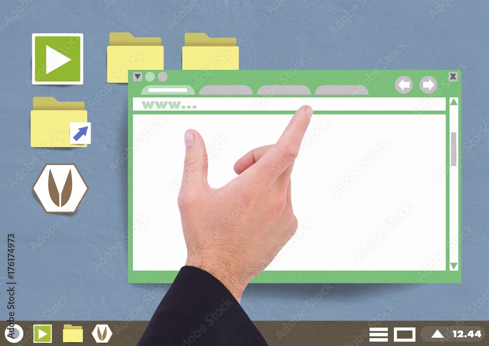 手动触摸网站窗口和纸上的文件夹和文件图标