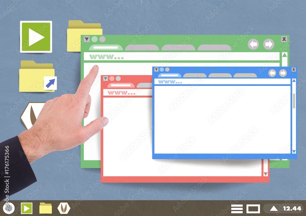 Hand touching Many Website windows on Paper cut out desktop