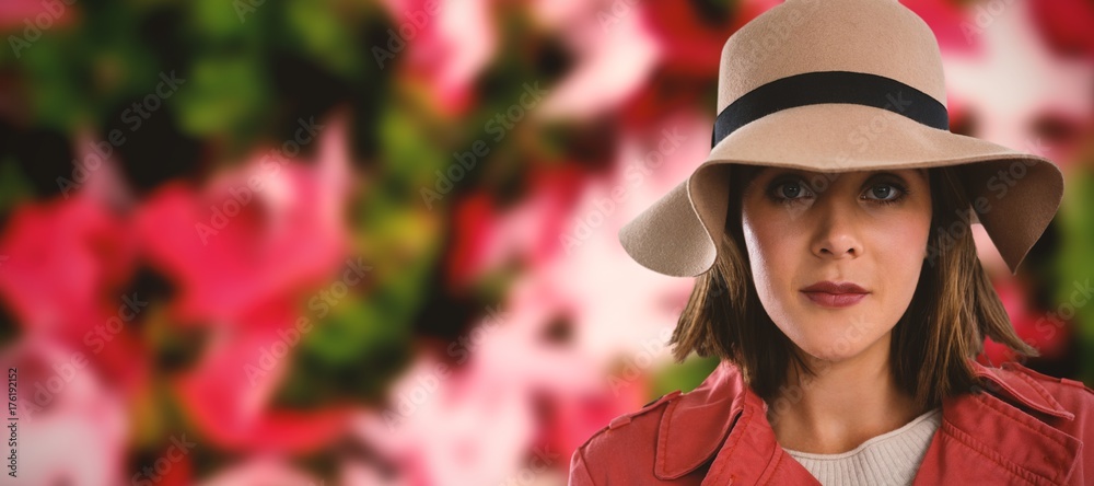 Composite image of close-up portrait of woman in hat