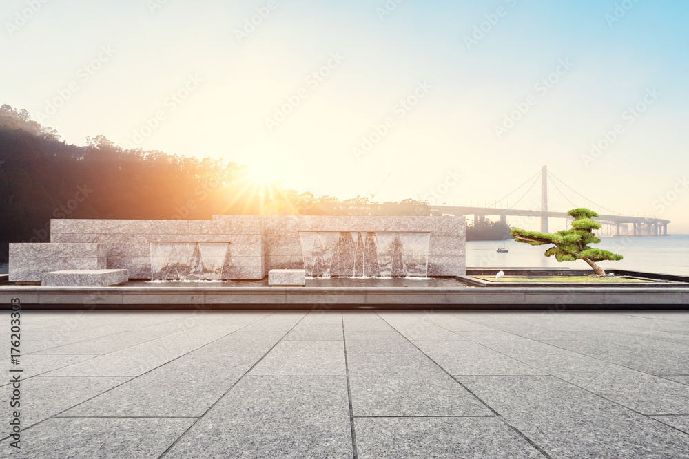 empty marble floor with decorative waterfall