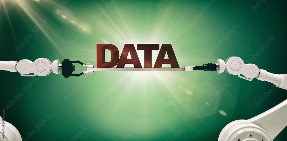 Composite image of robotic hands holding data message against