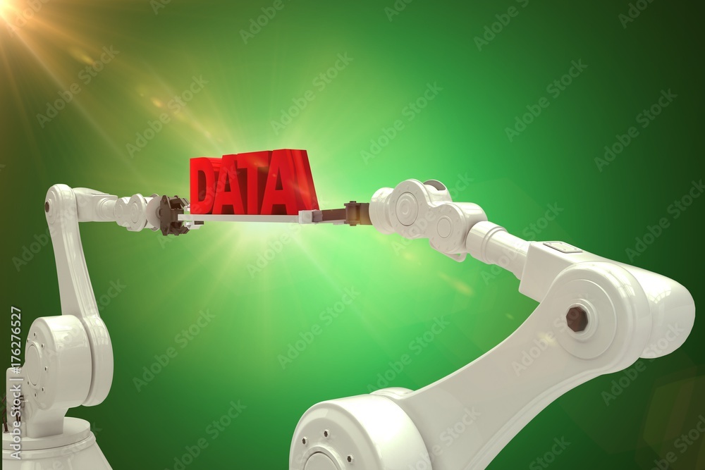 Composite image of white robotic hands holding red data message