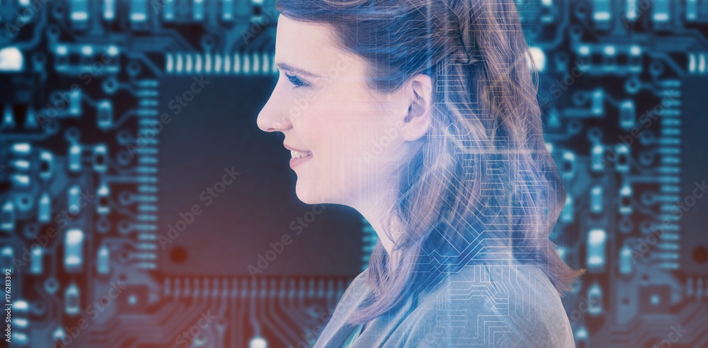 Composite image of smiling businesswoman looking away