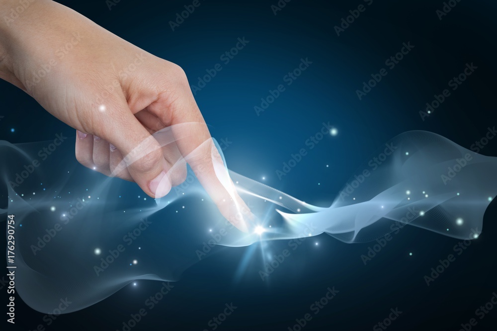 Composite image of hand pointing on black background