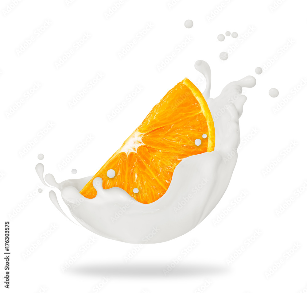 Slice of fresh orange with splashes of cream close-up, isolated on white background