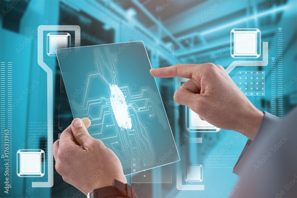 Composite image of businessman touching an glass sheet