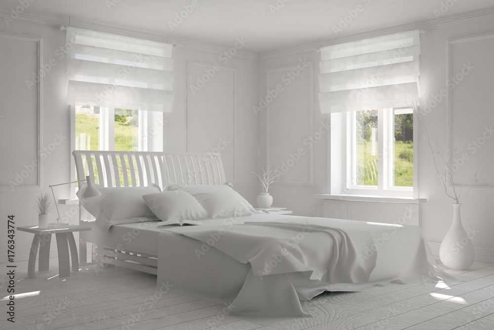 Idea of white minimalist bedroom with summer landscape in window. Scandinavian interior design. 3D i