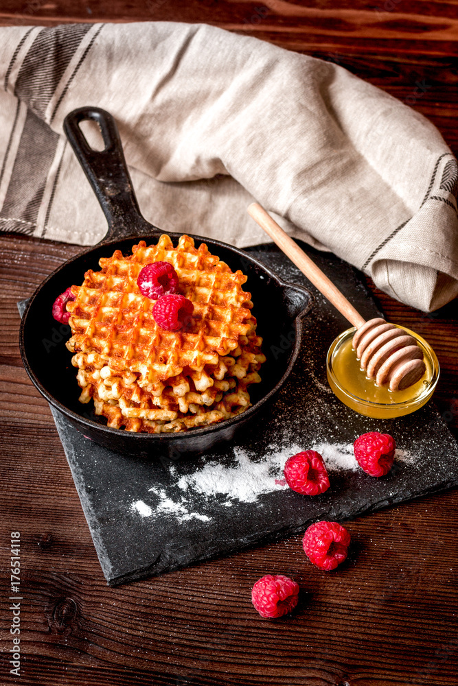 cooking holiday breakfast with wafer on wooden background and ta