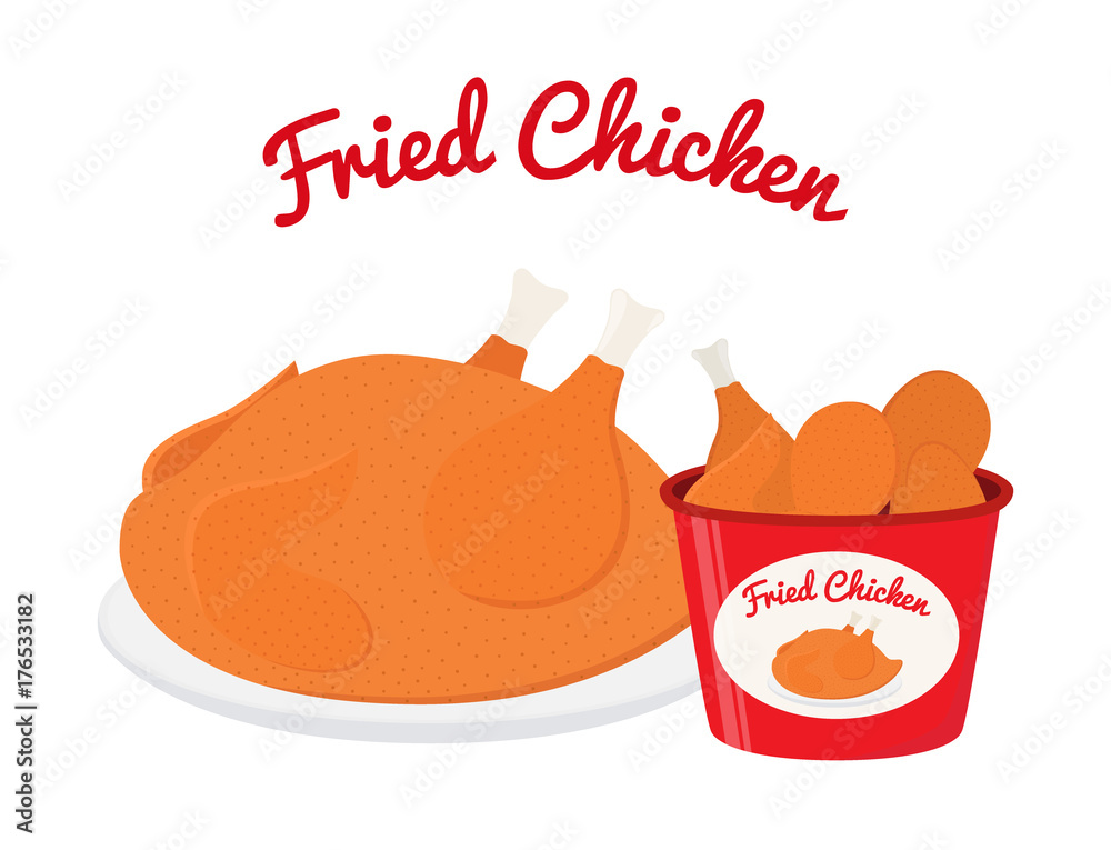 Fried chicken, legs, wings, bucket. Cartoon flat style. Vector illustration