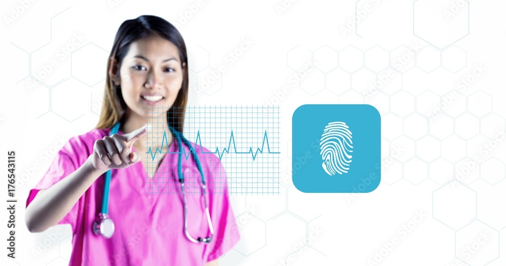 Composite image of asian nurse with stethoscope pointing in