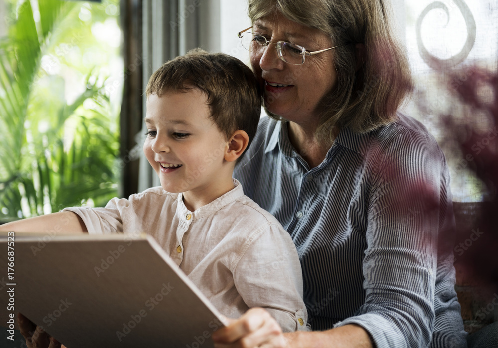 Grandmother Grandson Family Reading Leisure