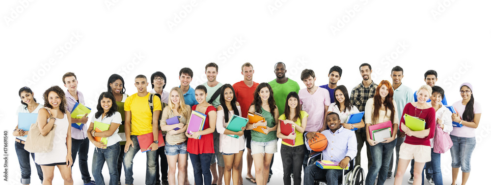 Group of diverse college students isolated on white