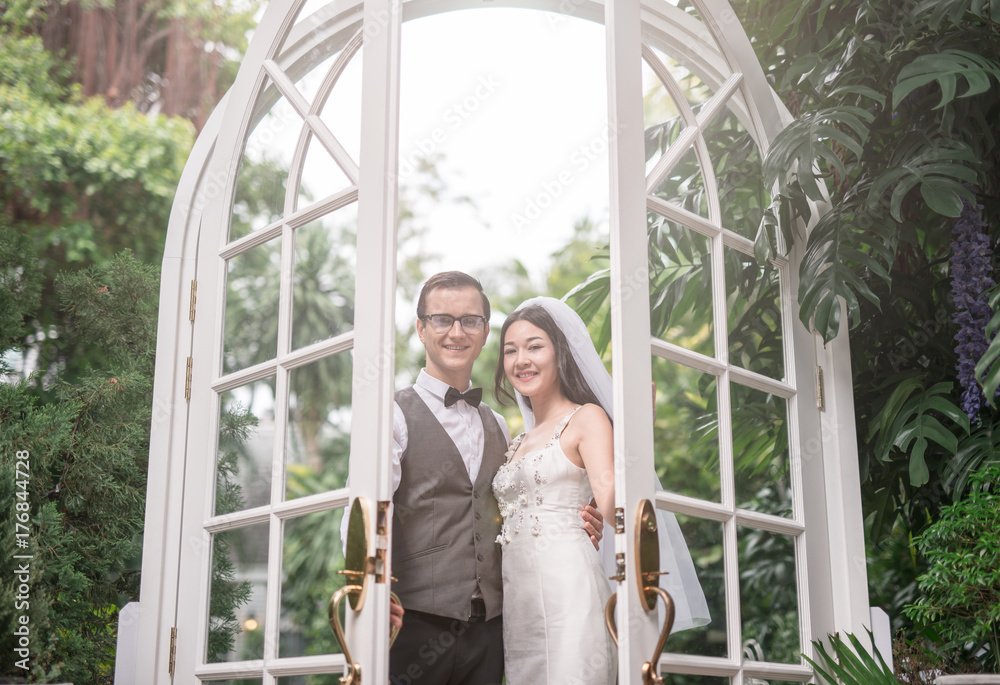 Happy couple bride and groom after wedding ceremony