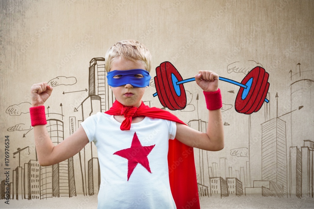 Composite image of portrait of superhero boy with arms raised