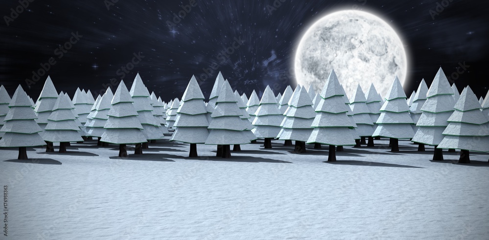 Composite image of snow covering christmas trees on field at