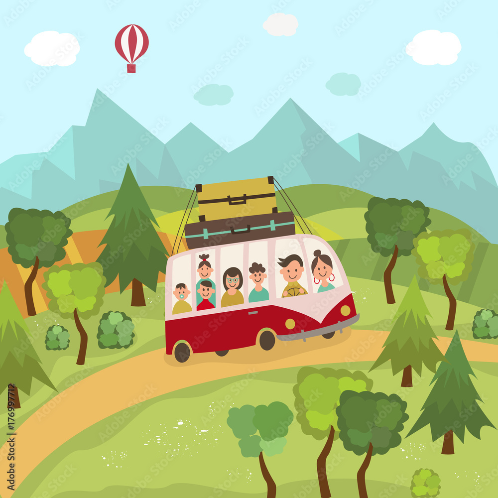 Family travelling by bus in countryside, fields, hilld, trees and mountains, flat cartoon vector ill