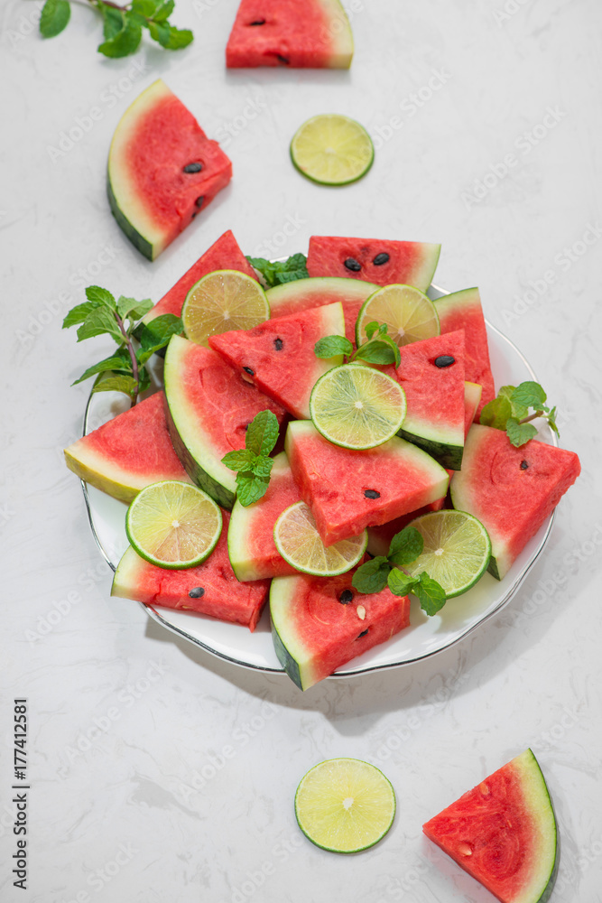 Fresh sliced watermelon on a plate in summertime