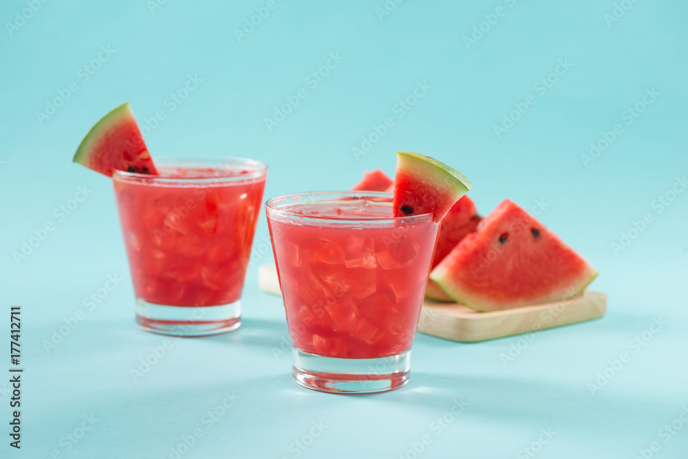 Fresh watermelon juice in the glass.Selective focus on the front glass