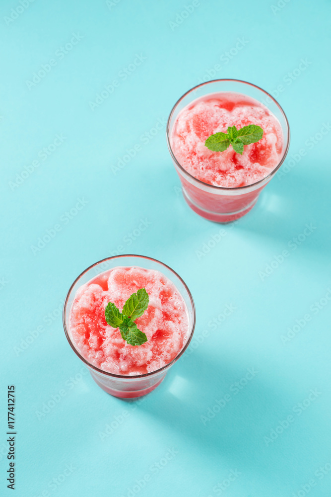 Fresh watermelon juice in the glass.Selective focus on the front glass