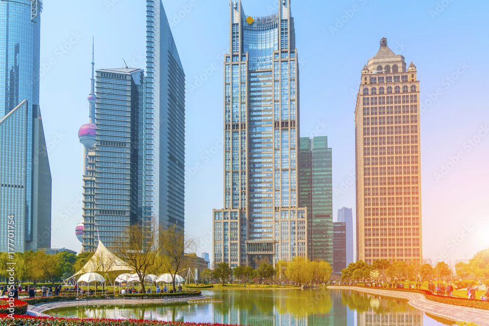 Road floor and urban construction skyline