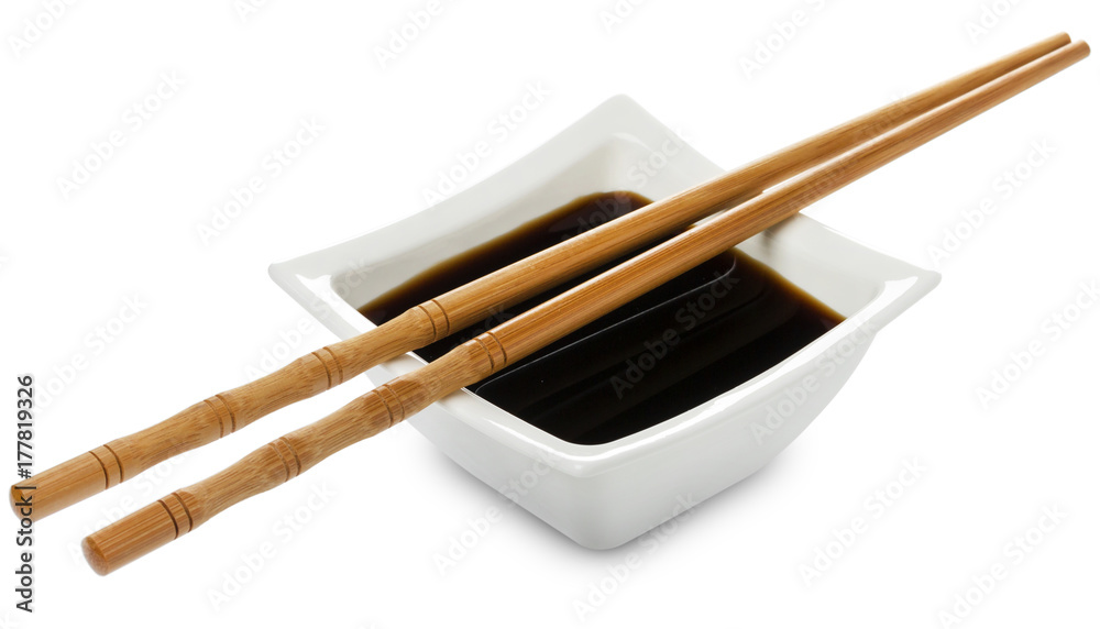 Square bowl of soy sauce isolated on white background