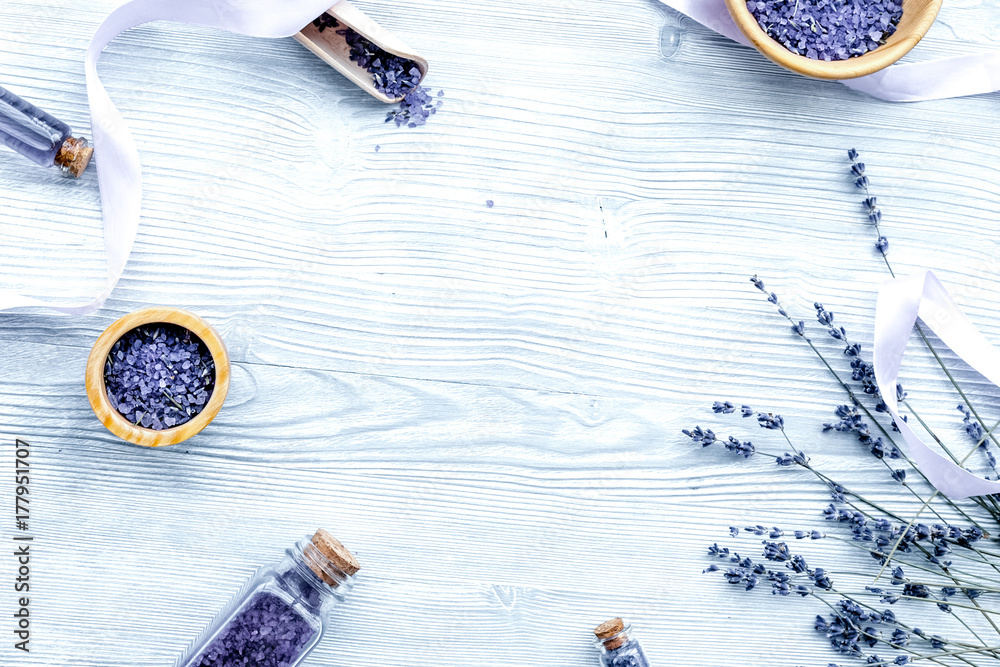 organic cosmetics with lavender on wooden background top view