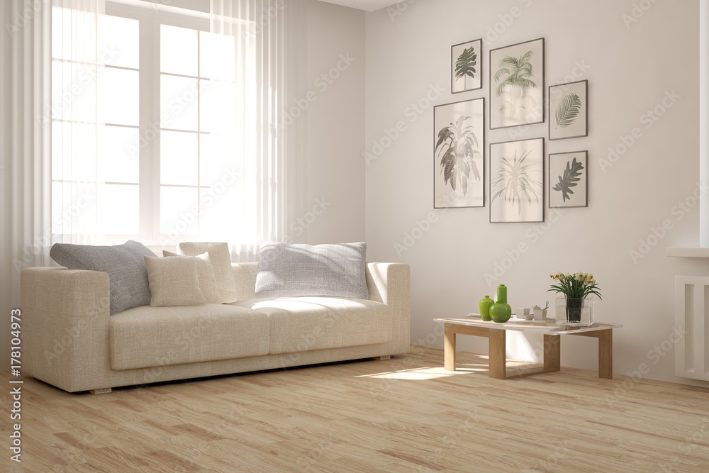 Idea of white minimalist room with sofa. Scandinavian interior design. 3D illustration