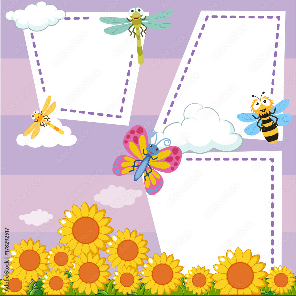 Border template with bugs in sunflower garden