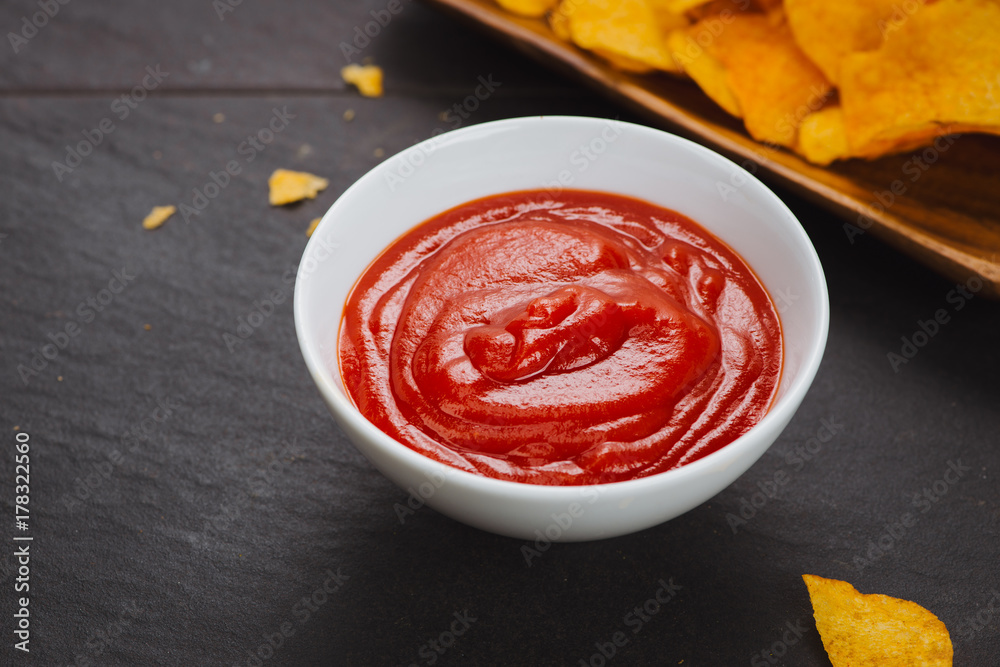 Bowl of tomato sauce or ketchup, closeup