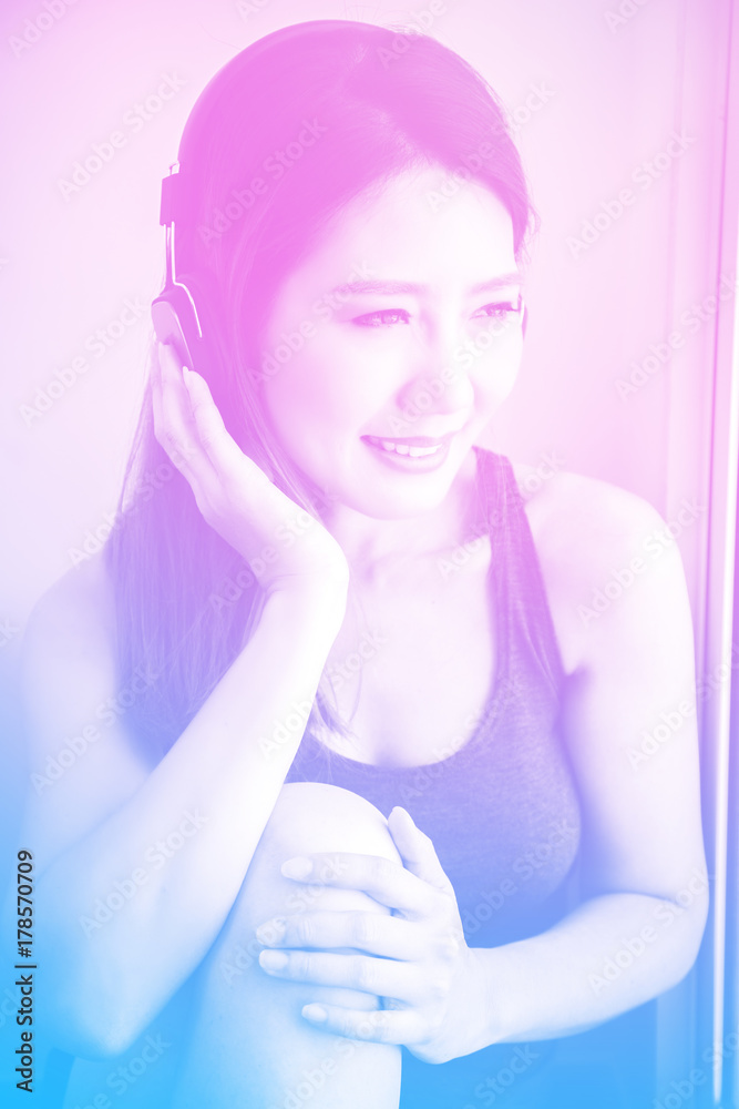 beautiful Asian Woman enjoy happy and laught  Cheerful with headphone Portrait Concept