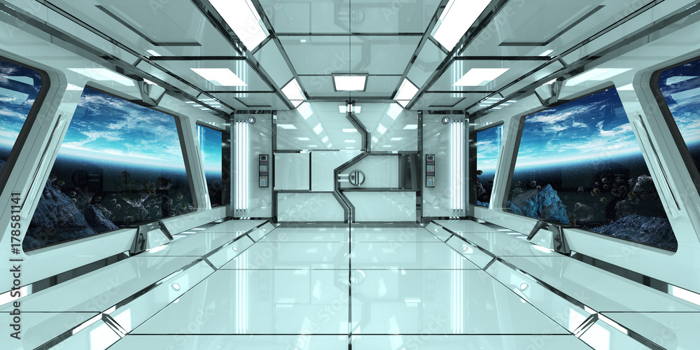 Spaceship interior with view on Earth 3D rendering elements of this image furnished by NASA