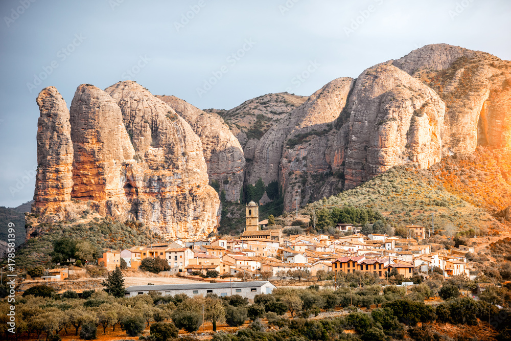 Landscape view on Aguero village with cliffs located in the province of Huesca in Spain