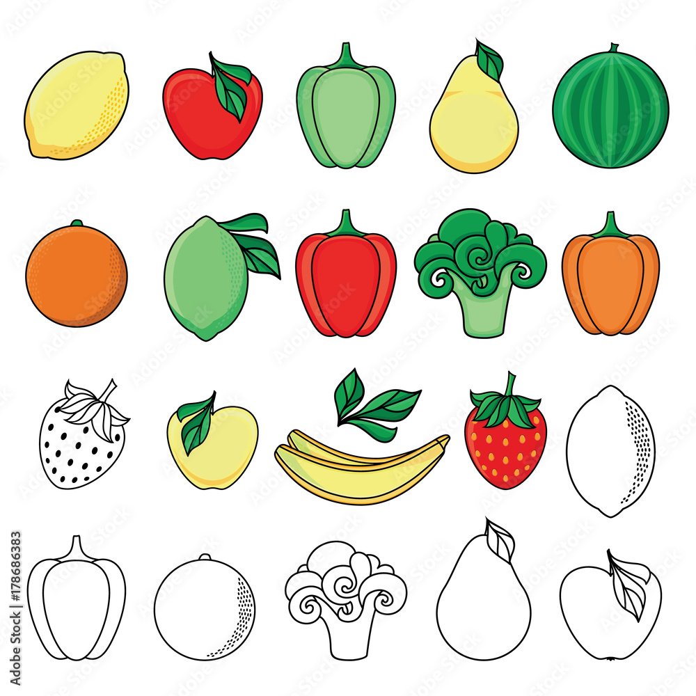 矢量平面草图风格的新鲜成熟水果、蔬菜套装。苹果、酸橙、甜椒、苹果、西瓜