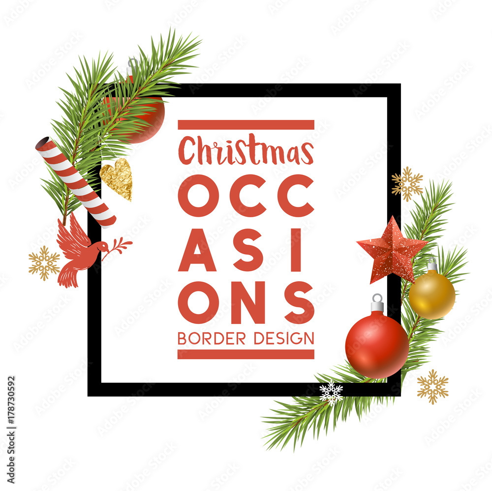 Christmas ornaments composition border frame with room for a personalised message. Vector illustrati