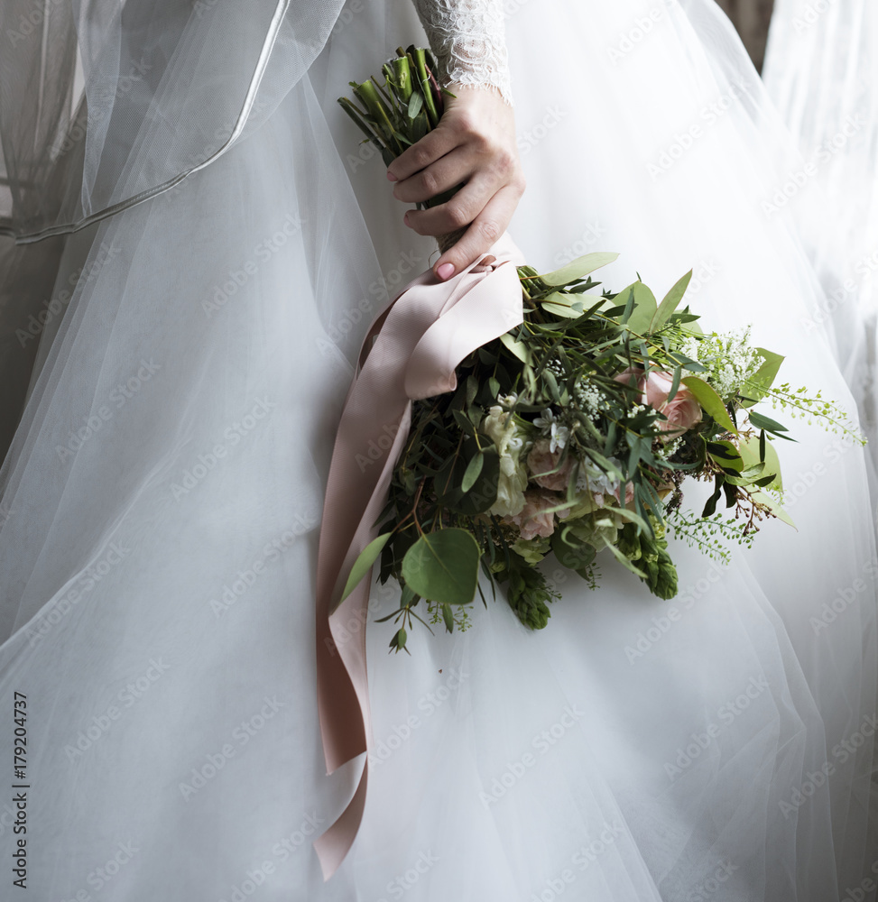 Attractive Beautiful Bride Holding Flowers Bouquet