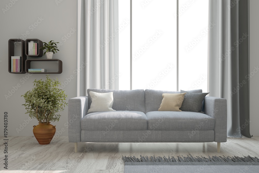 Idea of white minimalist room with sofa. Scandinavian interior design. 3D illustration