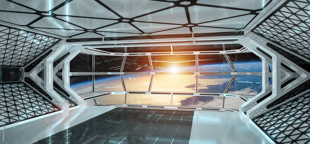 Spaceship interior with view on Earth 3D rendering elements of this image furnished by NASA