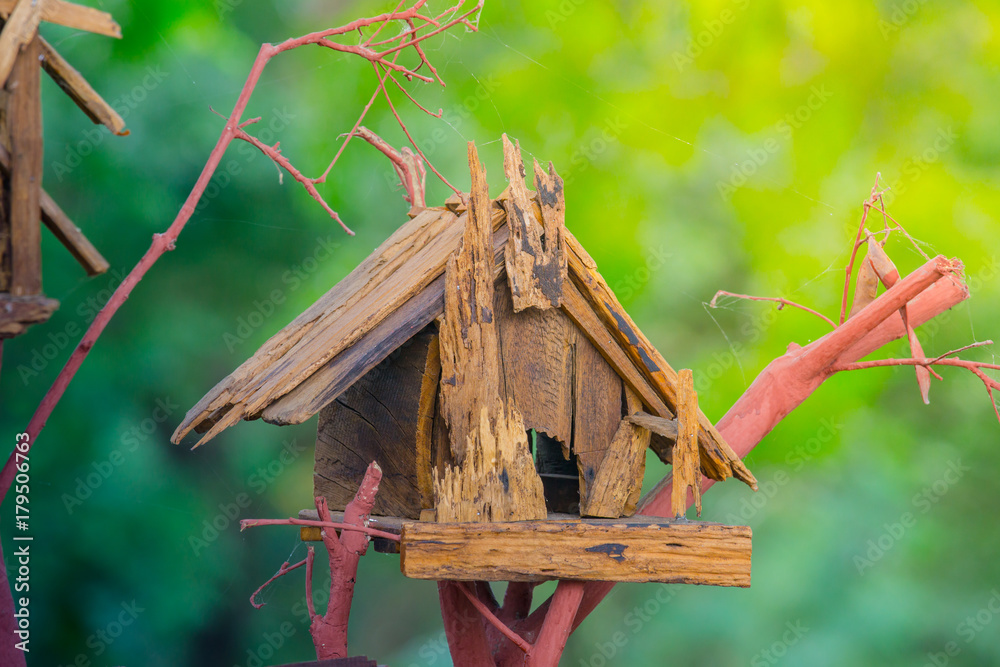 The House Bird。一座以自然为背景的棕色小木屋。