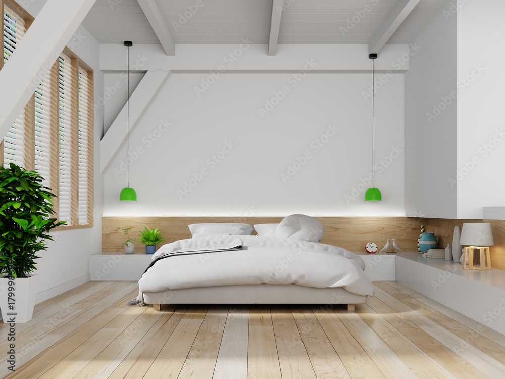 Bright and cozy modern bedroom interior have Bed and lamp with white wall background. 3d rendering